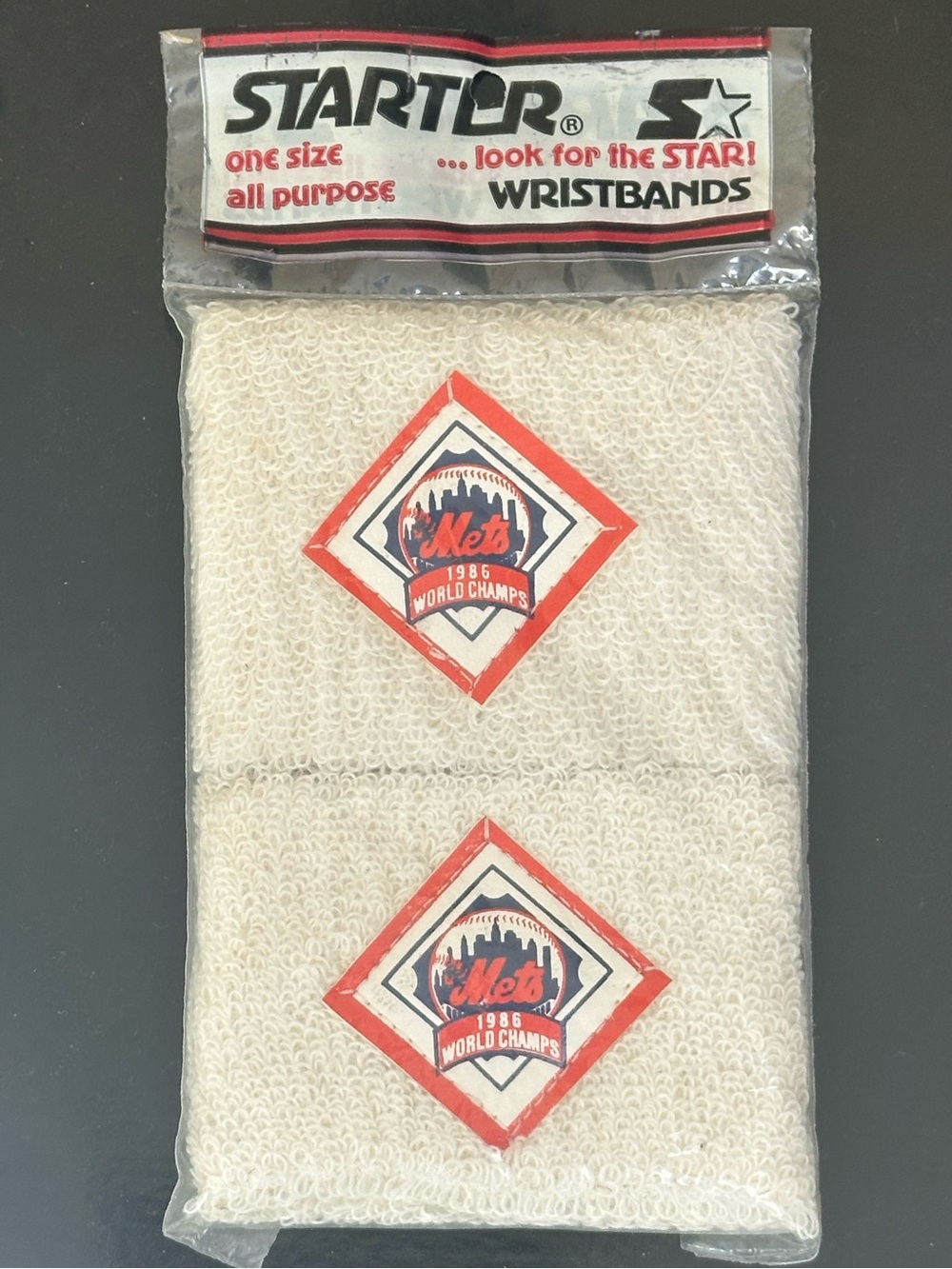 Mets 1986 World Champs STARTER Wristbands with Orange & Blue Diamond Logo